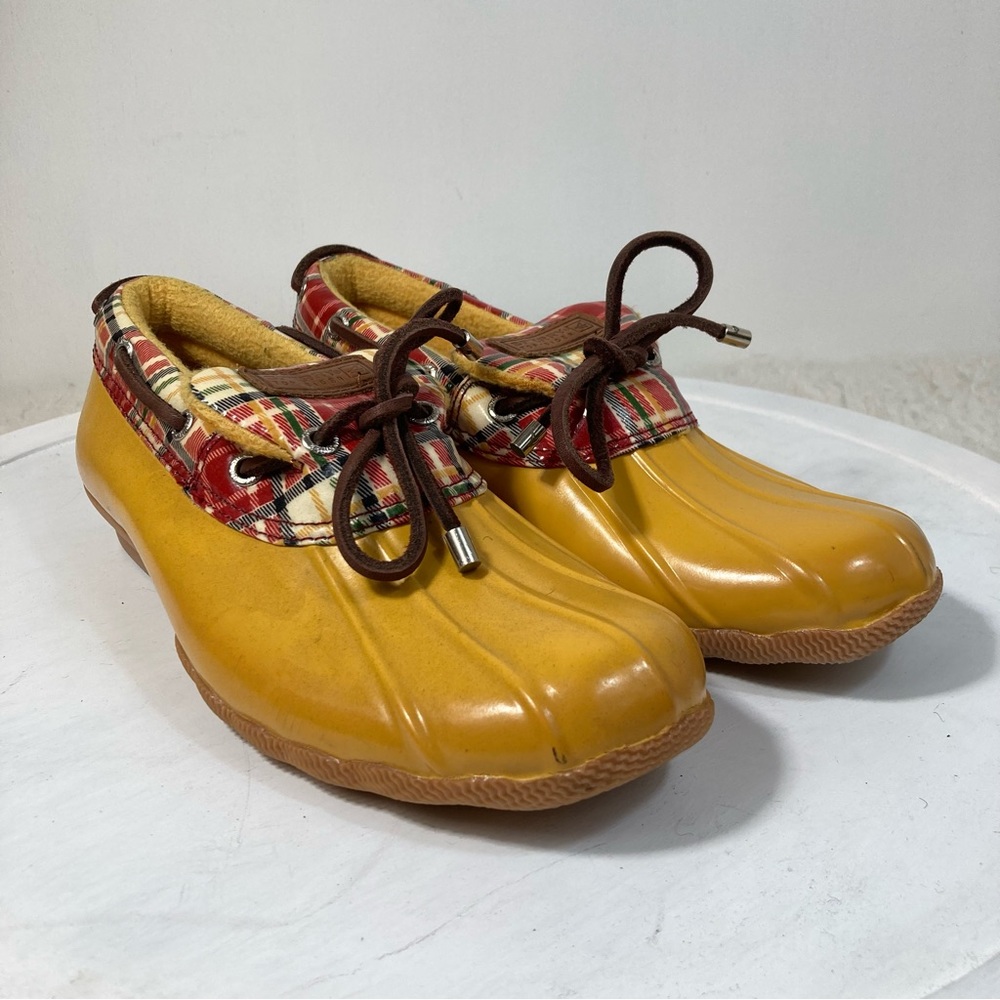 Sperry Top Sider Waterproof Rubber Duck Boot In Yellow Plaid